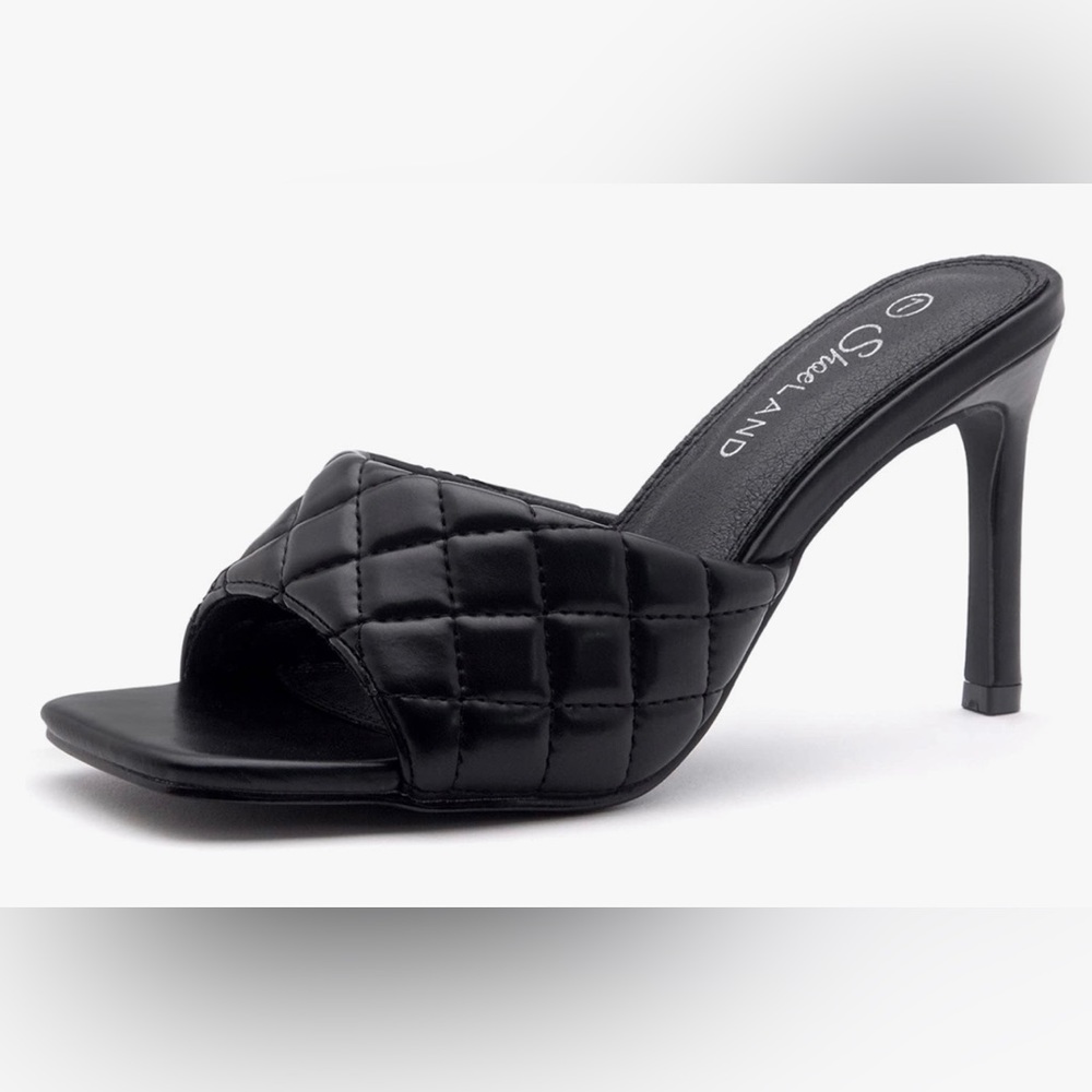 Black Heeled Quilted Pattern Mule Open Squared Toe High Heel Sandal